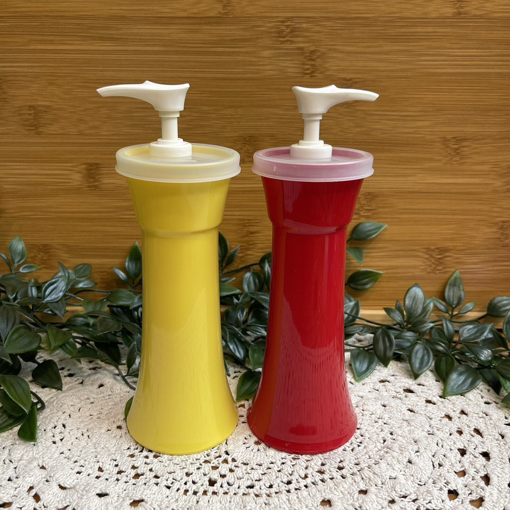 Vintage Tupperware Hourglass Ketchup Mustard Condiment Dispenser Pump Bottles